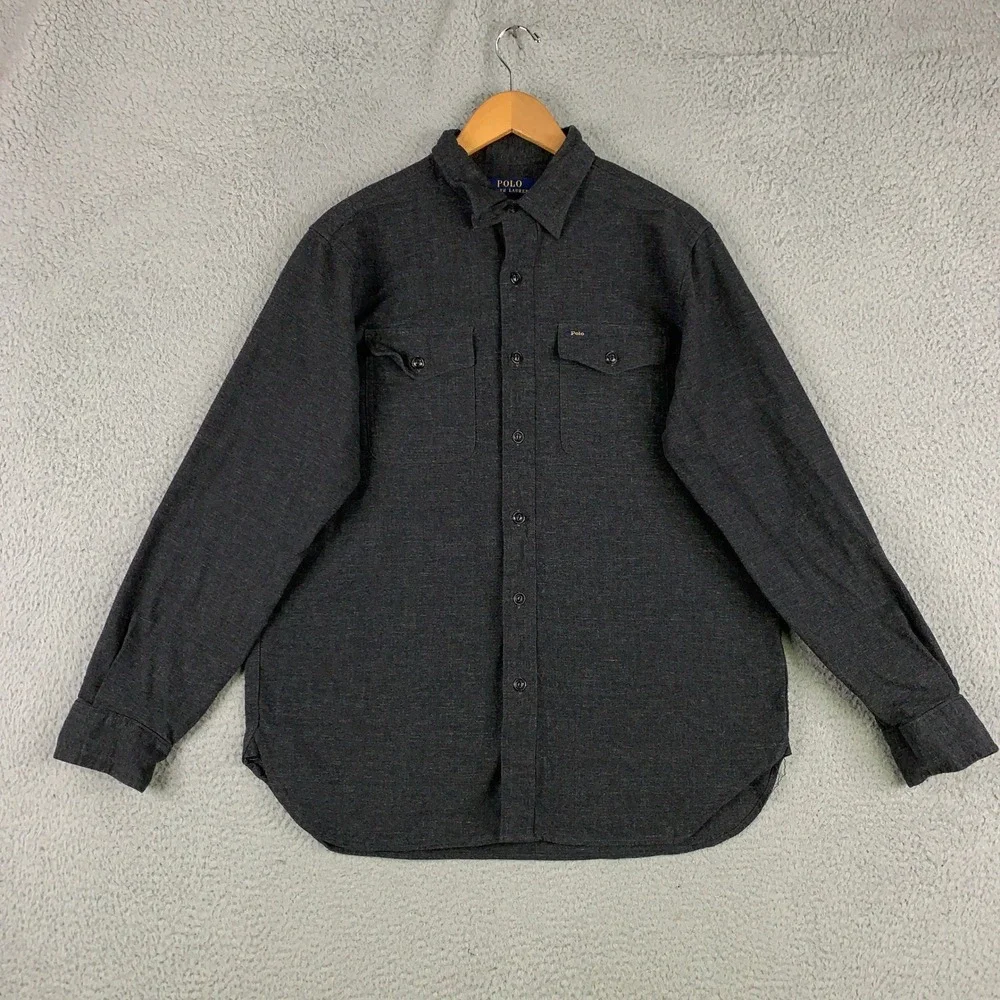 Polo Ralph Lauren Flannel Shirt Mens Large Classic Fit Charcoal Grey Marl Button